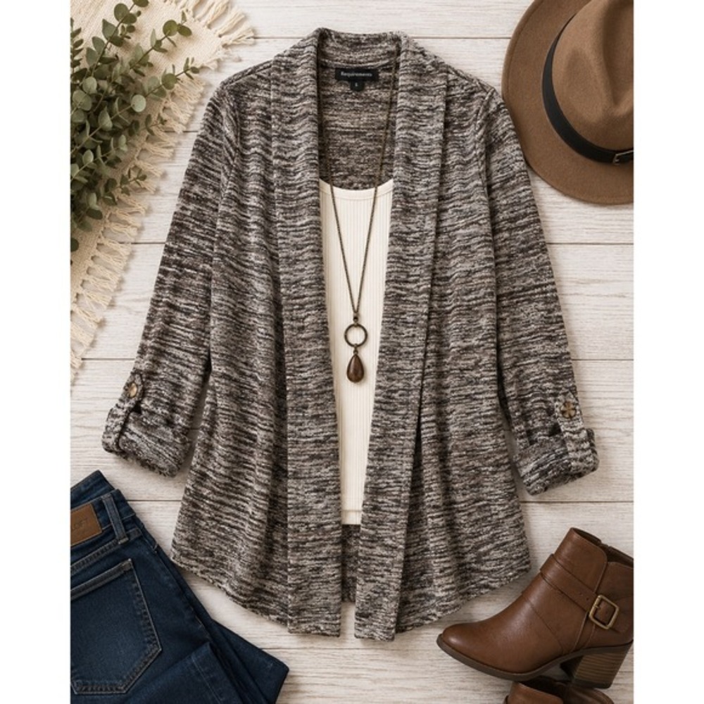 Vintage Requirements Cardigan Sweater Small Brown Marled Open ‎ Roll Tab  Boho